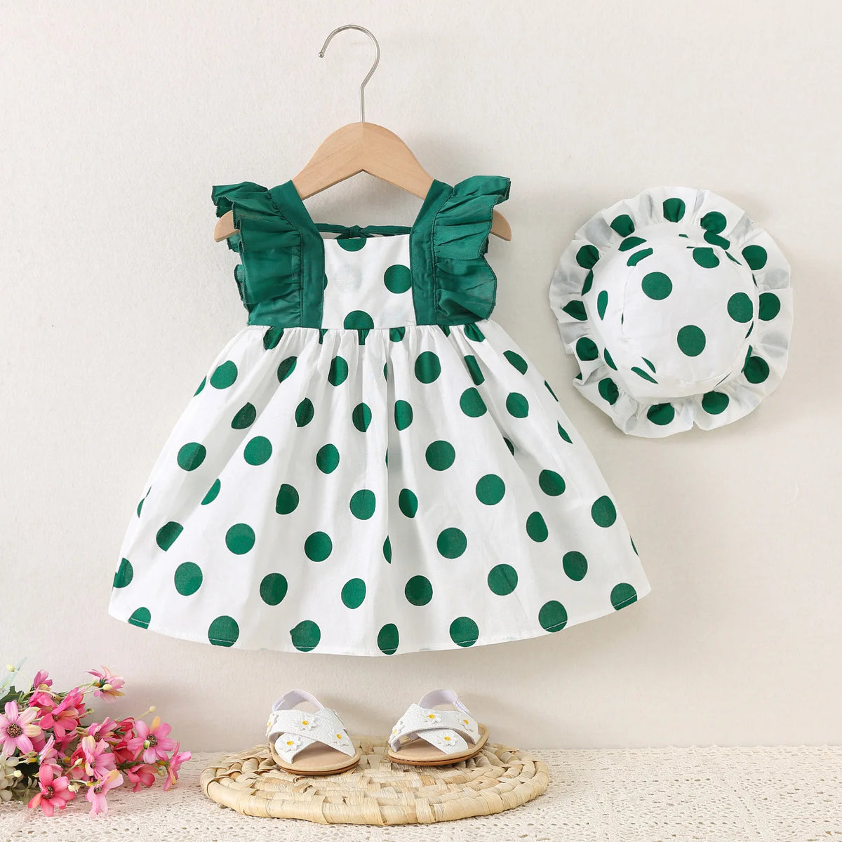 Polka Dot Dash Sleeve Dress & Hat Set for Baby Girls