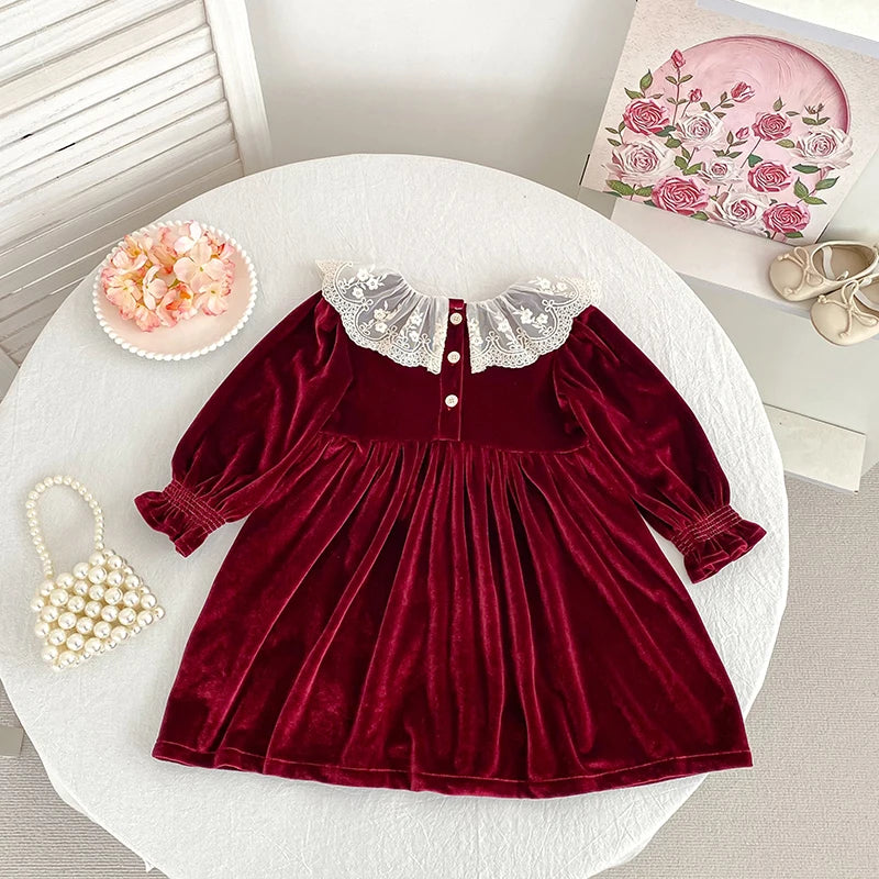 Girls Red Christmas Dress with White Lace Collar