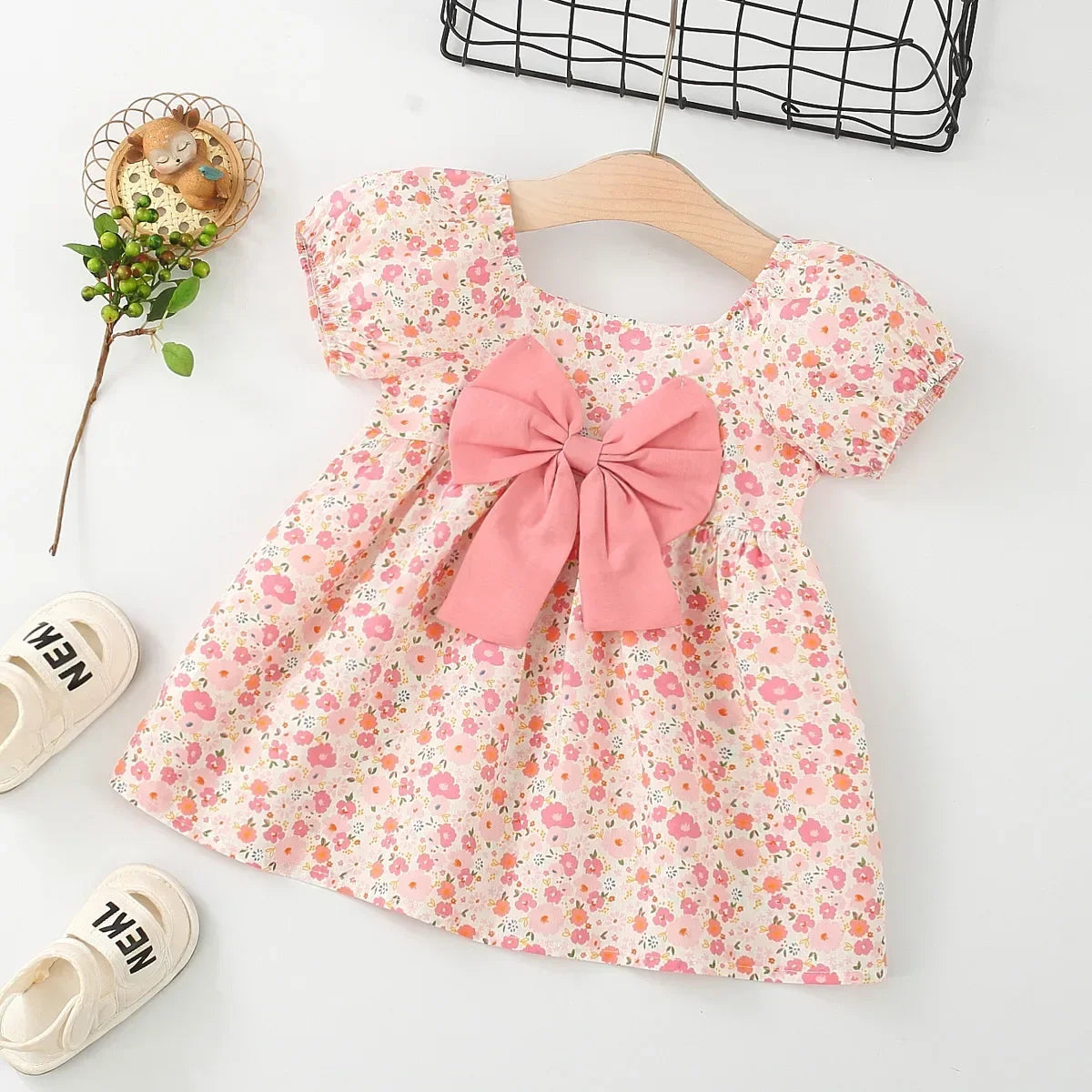 Floral Puff Sleeve & Bow Dress for Toddler Girls