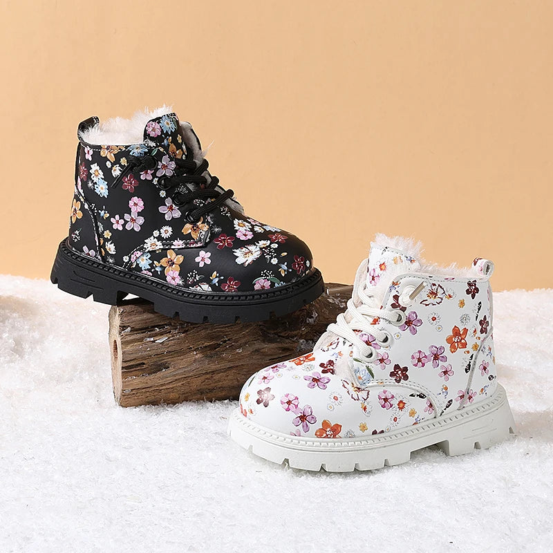 Girls Floral Leather Warm Plush Snow Boots