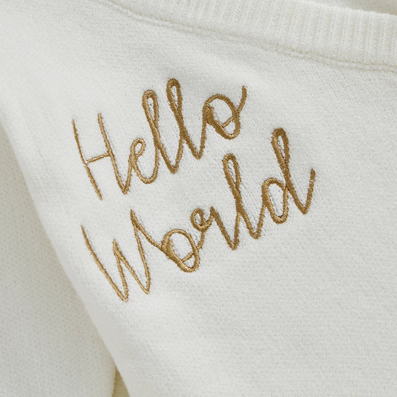Baby Girl Knit Sweater Romper with Gold Letter Embroidery & Tie-Up Detail