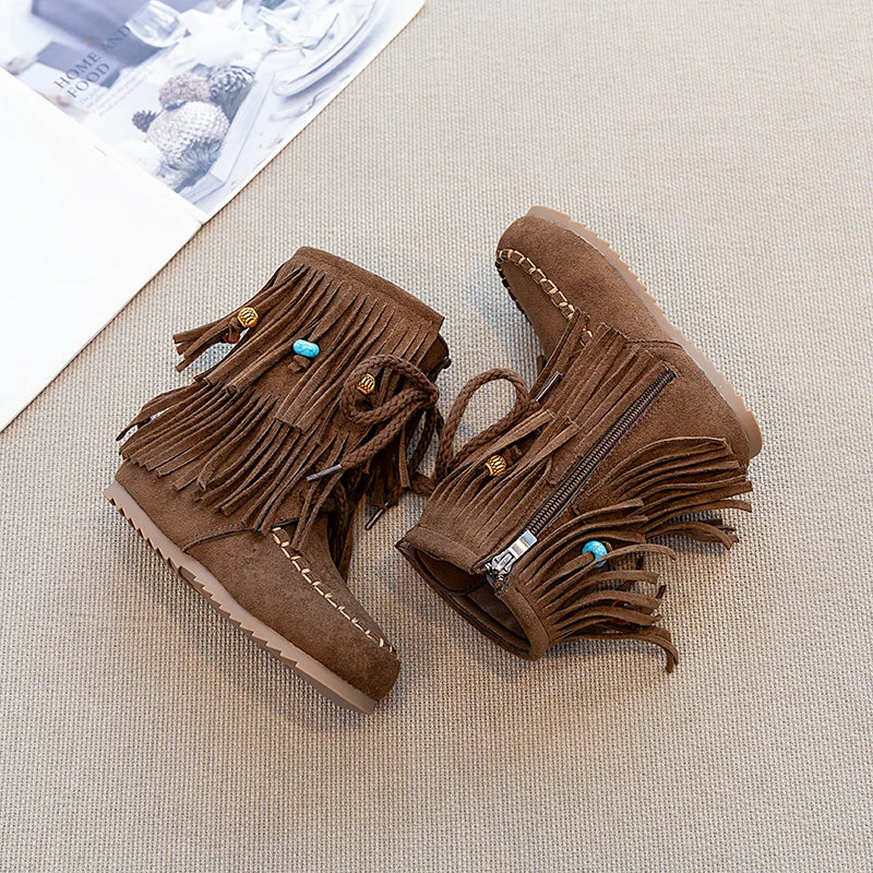 Girls Ankle Boots - Suede Beaded Fringe Retro Winter Shoes