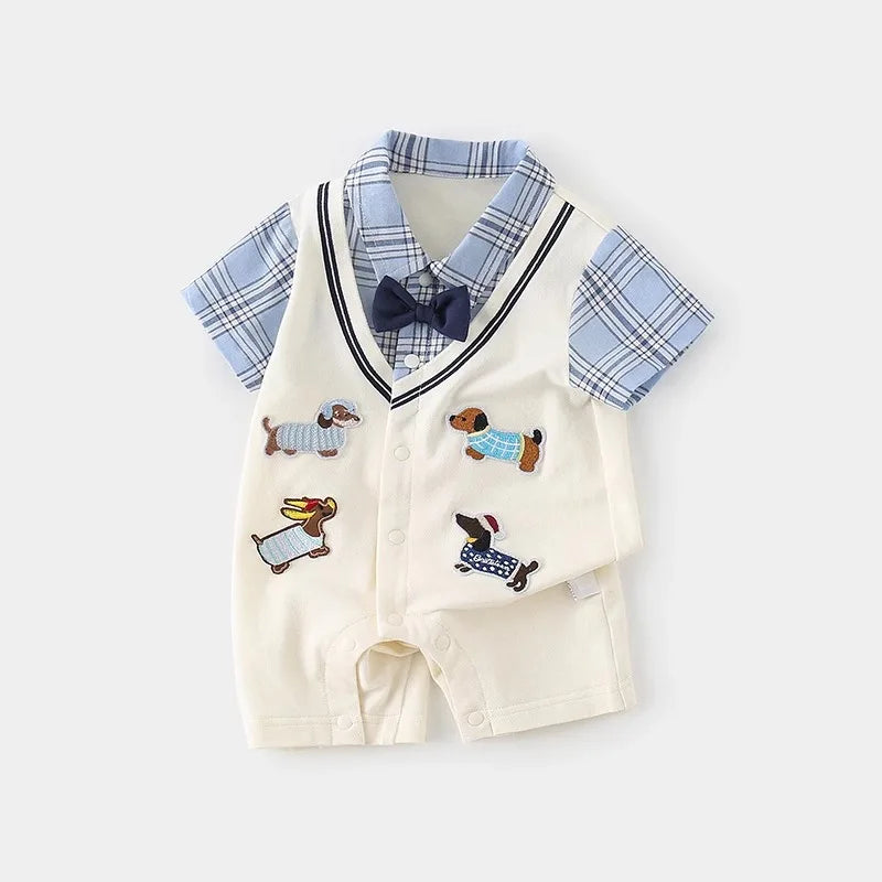 Boys' Dog-Embroidery Faux Two-Piece Romper