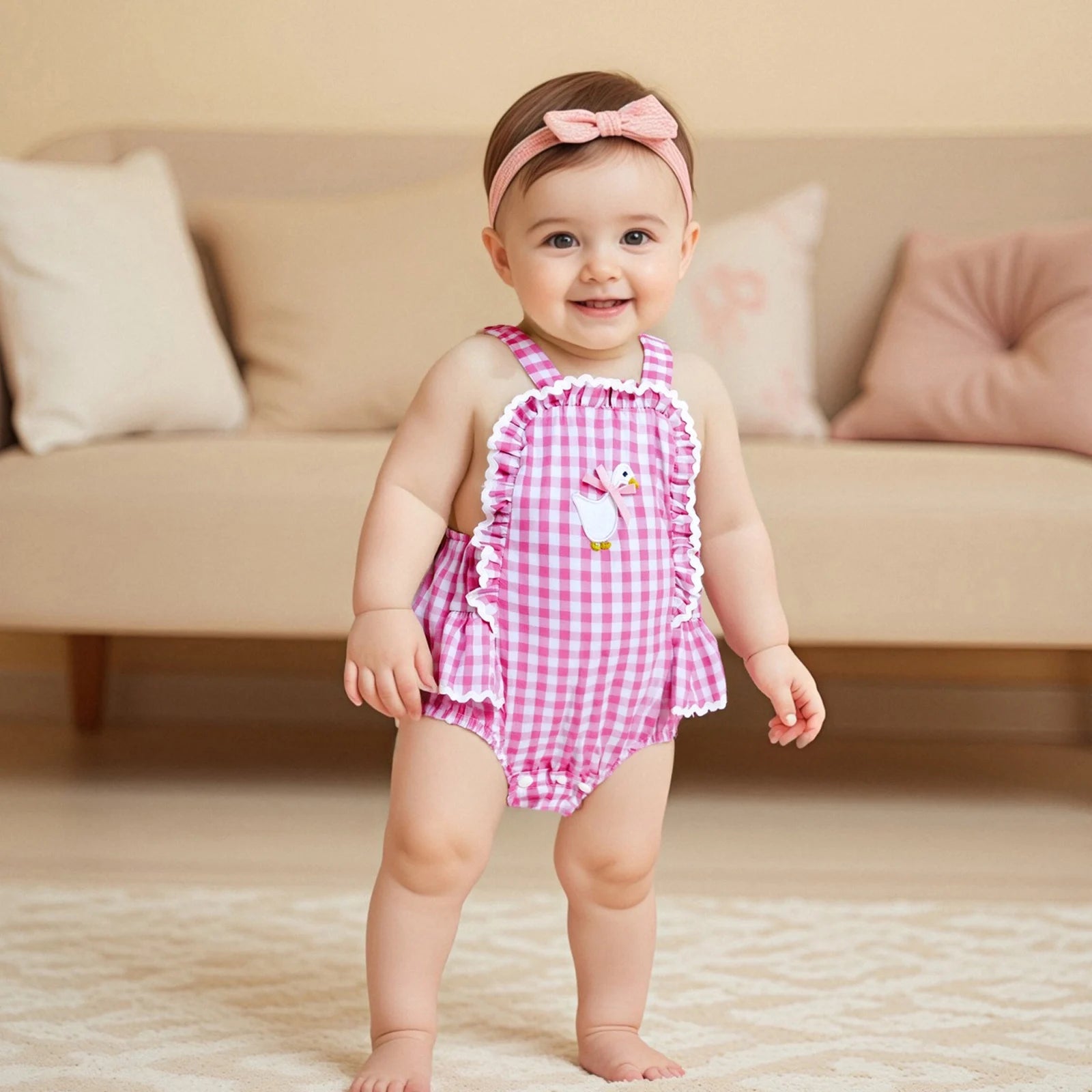 Baby Girl Plaid Duck Embroidery Bow Backless Sleeveless Romper