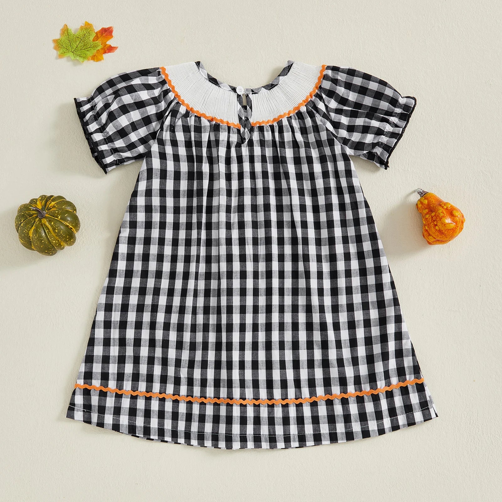 Halloween Plaid Dress with Candy Corn Embroidery