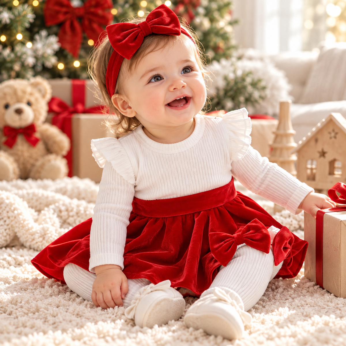 Baby Girl Red Bow Romper Dress Set with Headband & Socks