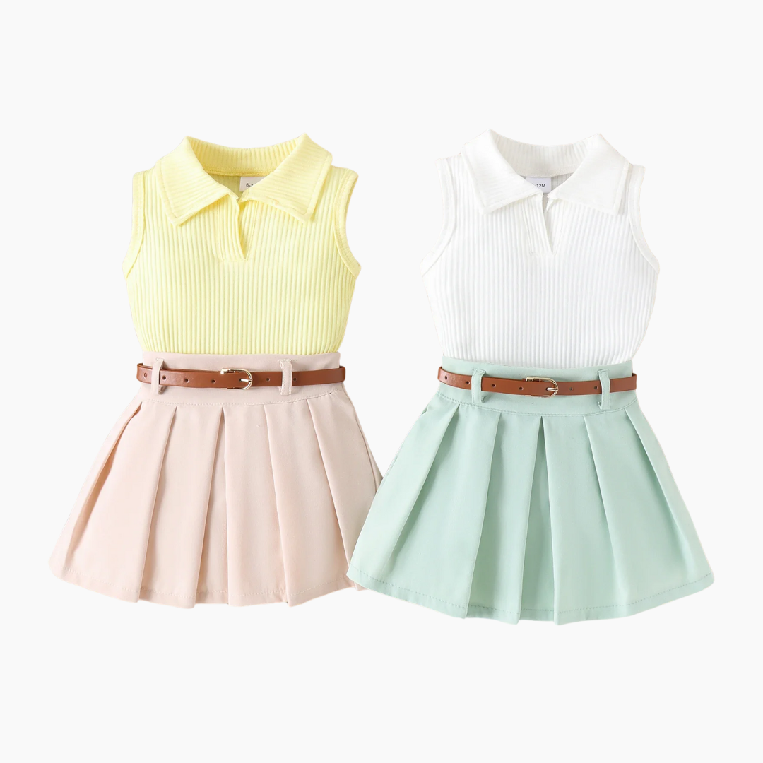 Ribbed Lapel Vest Top and Pleated Skirt Set
