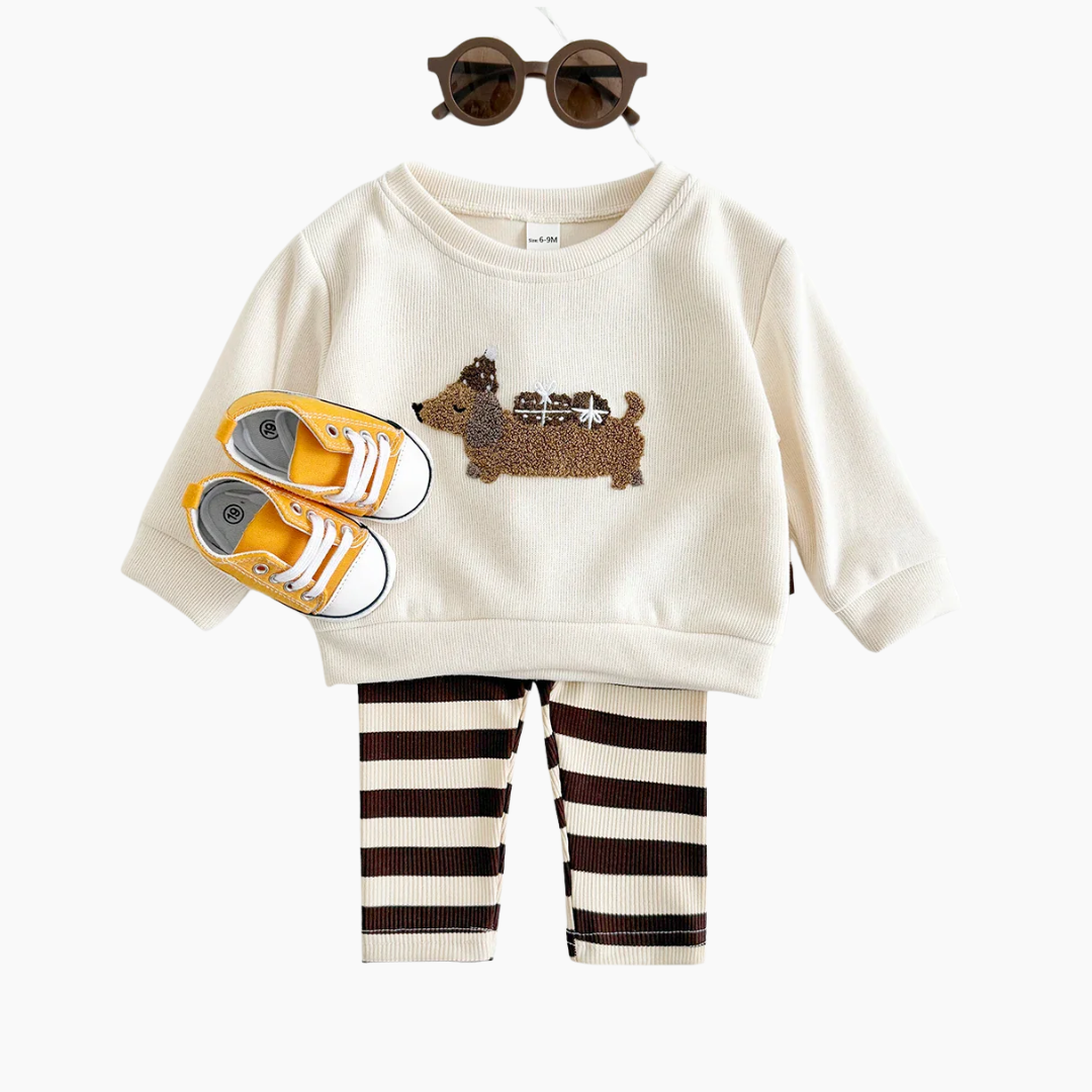 2Pcs Long Sleeve Puppy Top and Striped Pants