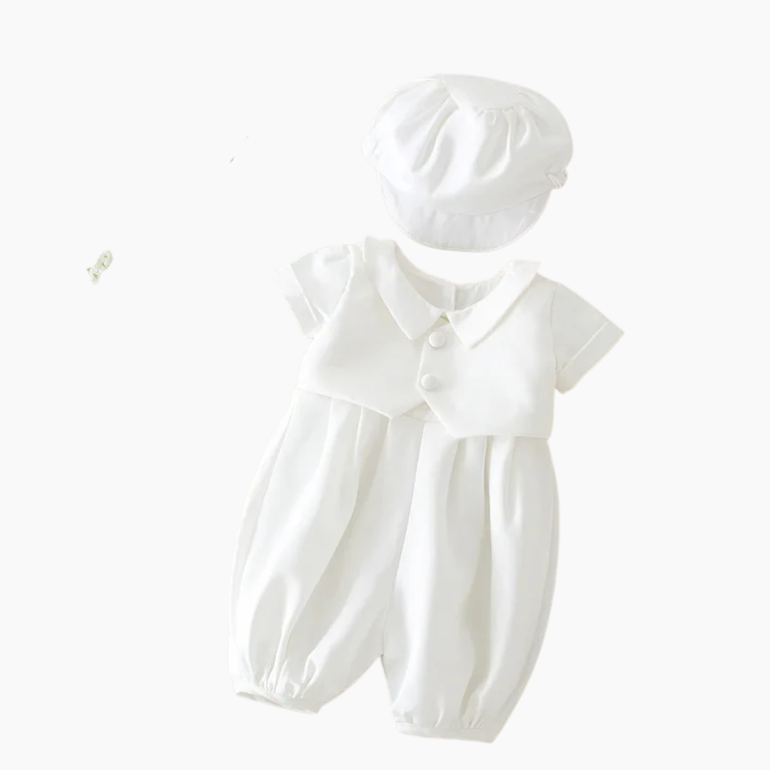 Ivory Baby Baptism Jumpsuit with Hat
