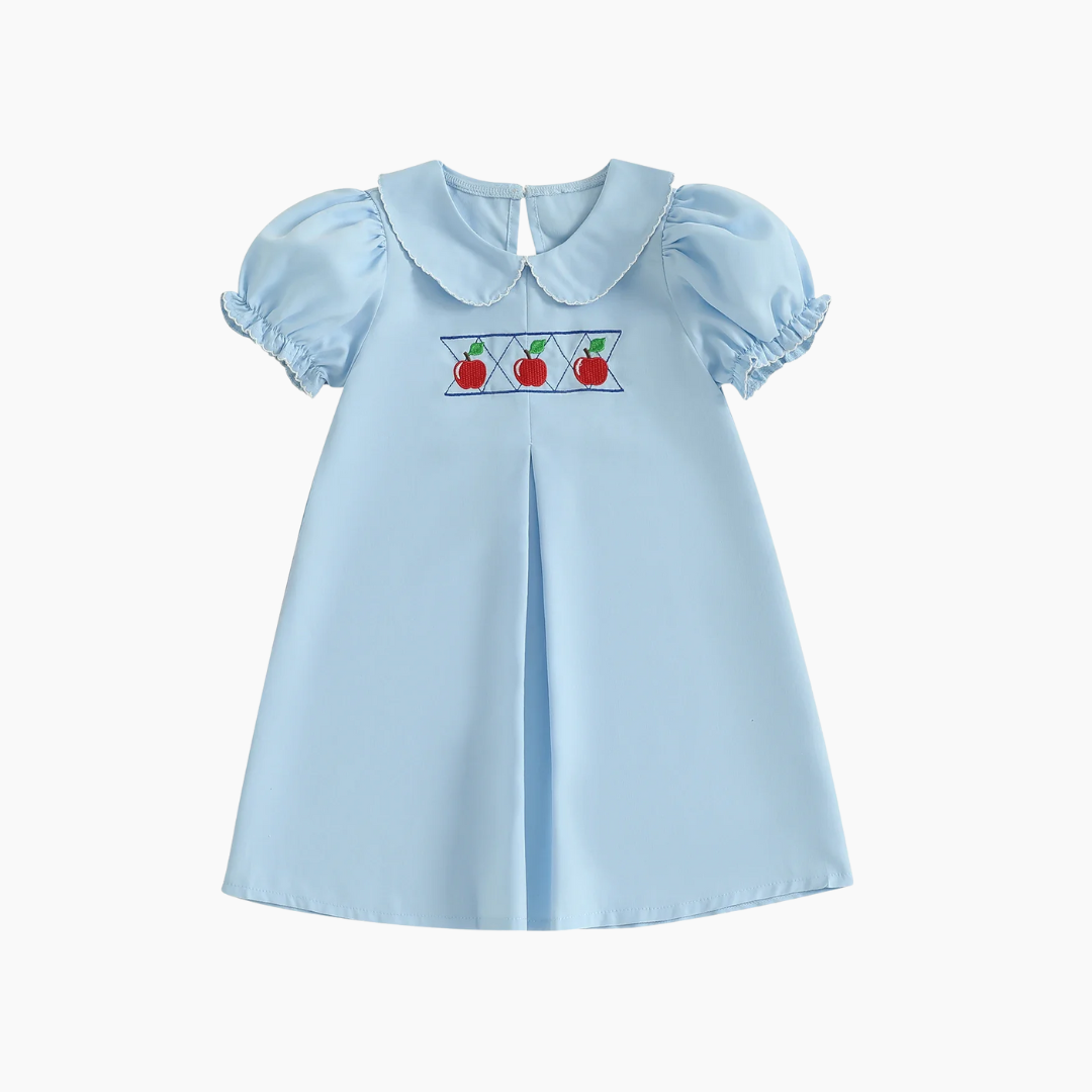 Back-to-School Apple Embroidered Blue Dress