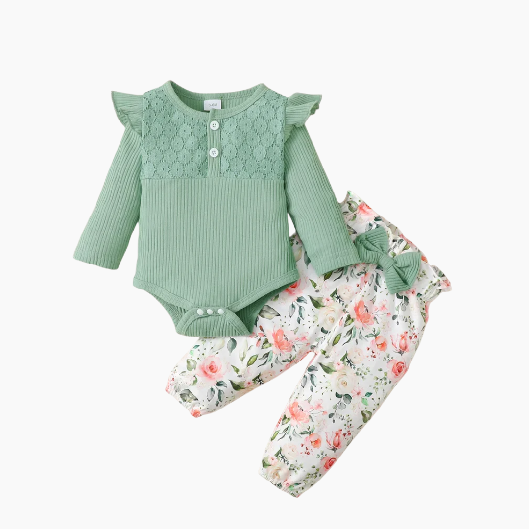 Long Sleeve Romper, Floral Pants and Headband Set