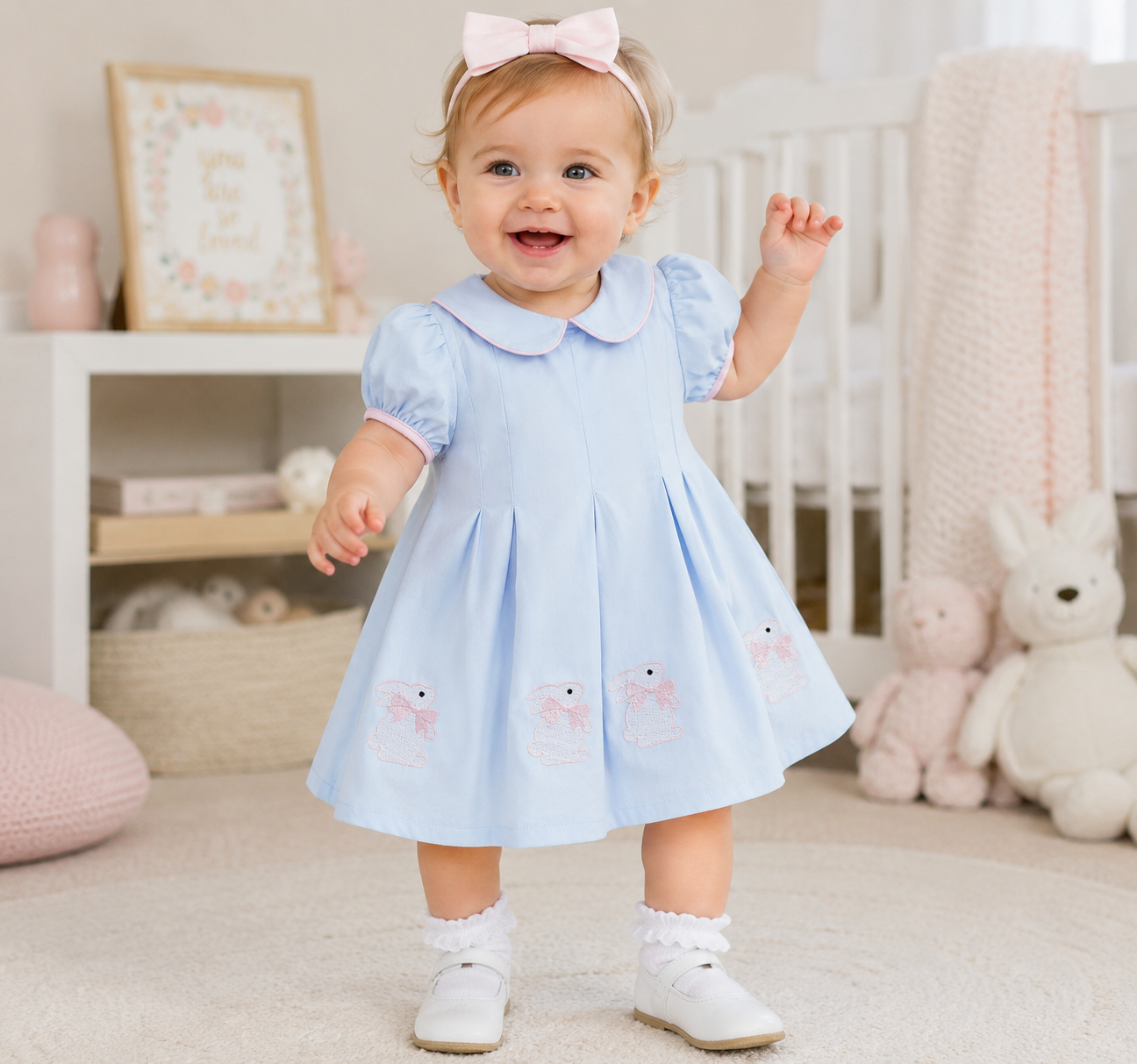 Toddler Girl Embroidery Bunny Doll Collar Short Sleeve A-Line Princess Dress