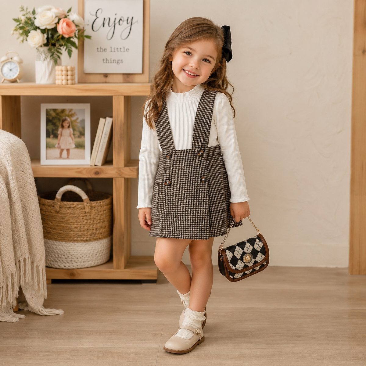 Girl's Plaid Strap Skirt Set - Long Sleeve Top & Skirt Outfit