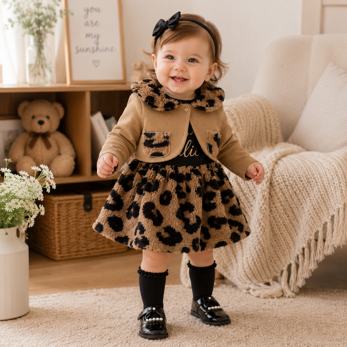 Baby Girl Leopard Plush Dress and Coat Set - Little Princess Winter