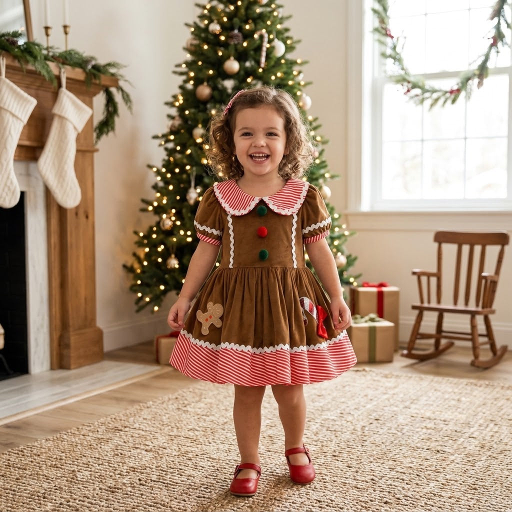 Toddler Girl's Christmas Gingerbread Man Collar Dress