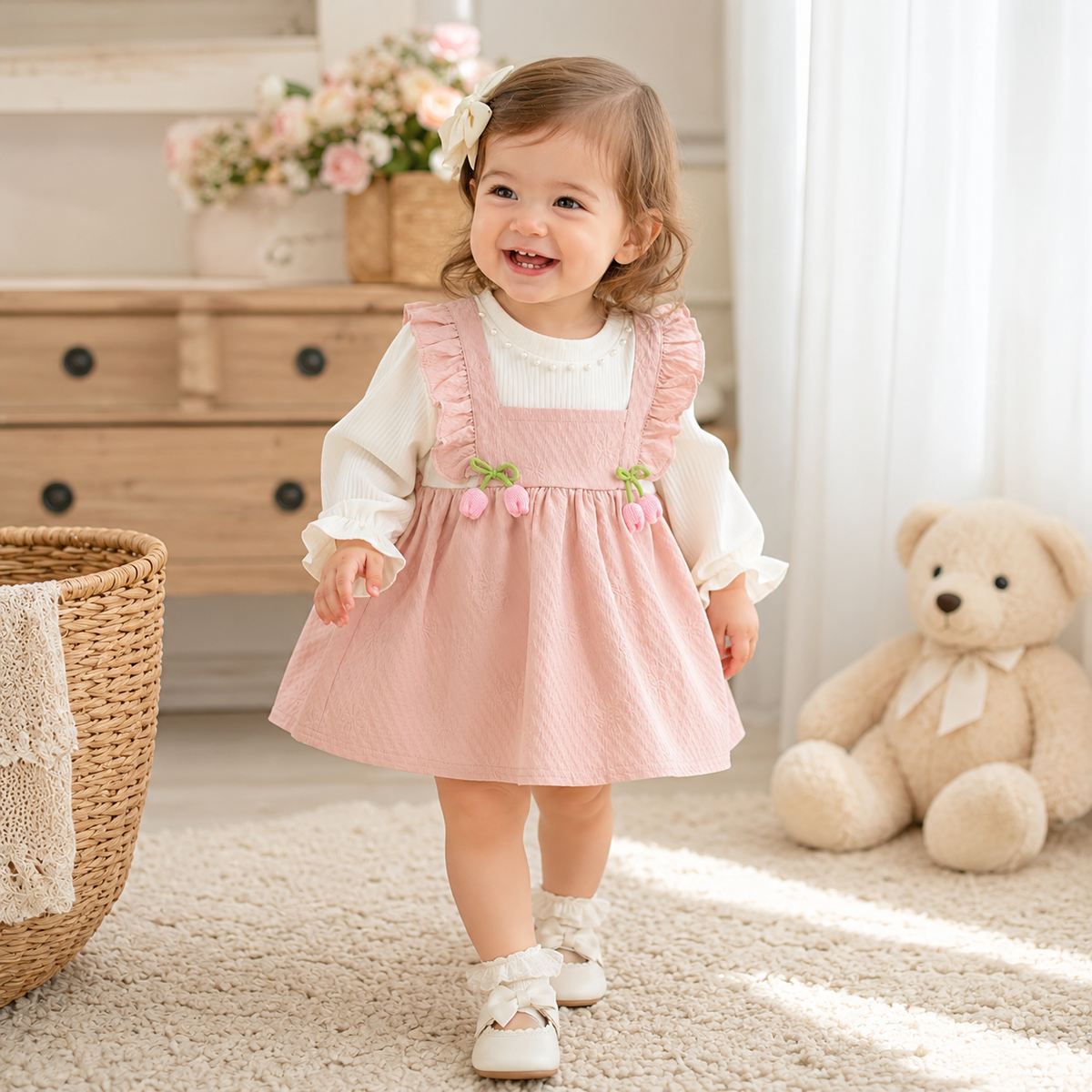 Girl Flower Print Bow Knit Dress - Soft & Long Sleeved