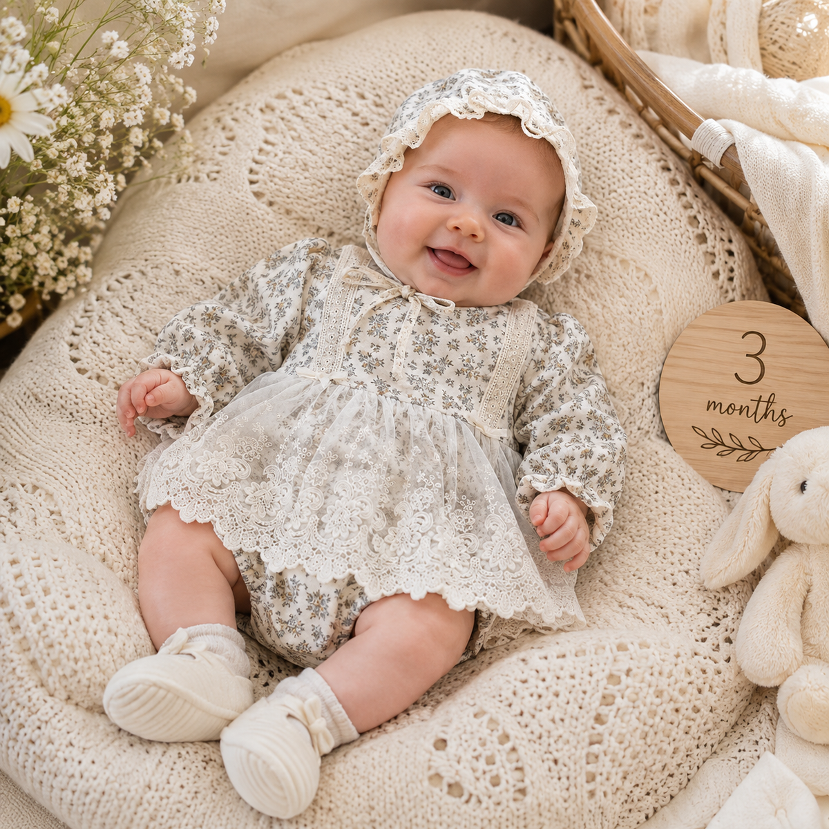 Baby Girl Lace Trim Long Sleeve Romper with Matching Hat