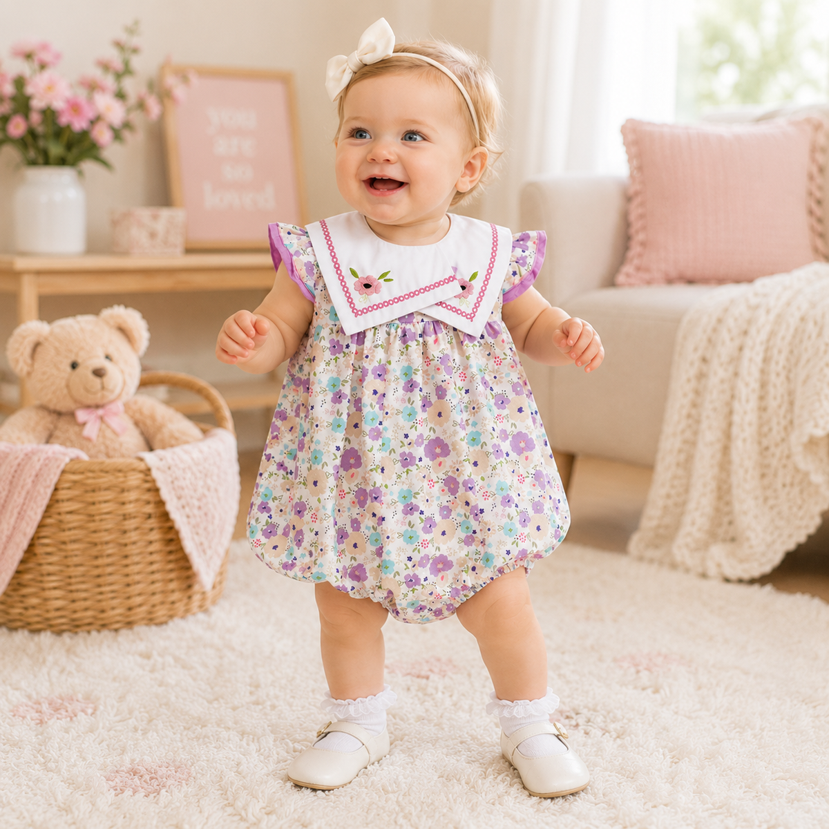 Baby Girl Floral Embroidery Square Collar Sleeveless Bodysuit | Newborn Jumpsuit