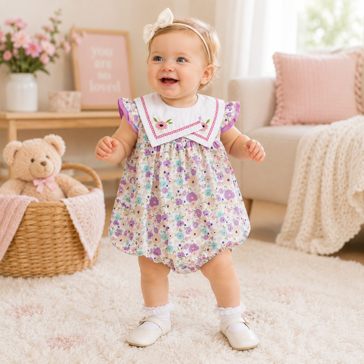 Baby Girl Floral Embroidery Square Collar Sleeveless Bodysuit | Newborn Jumpsuit
