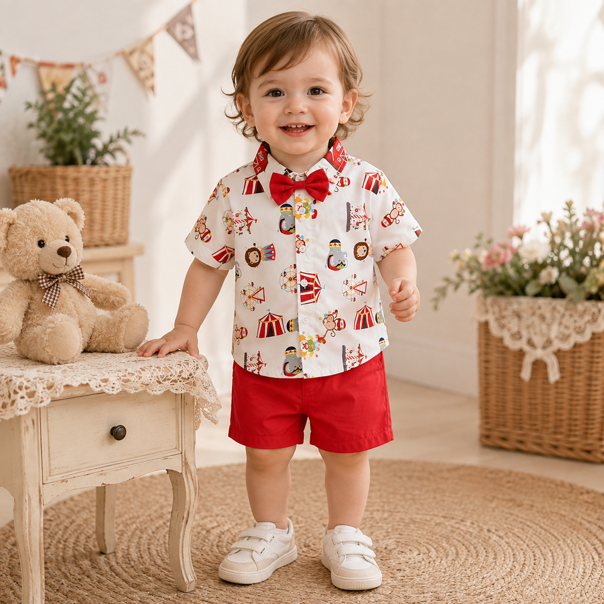 Boys Farm Circus Print 2-Piece Outfit Set with Bow Tie