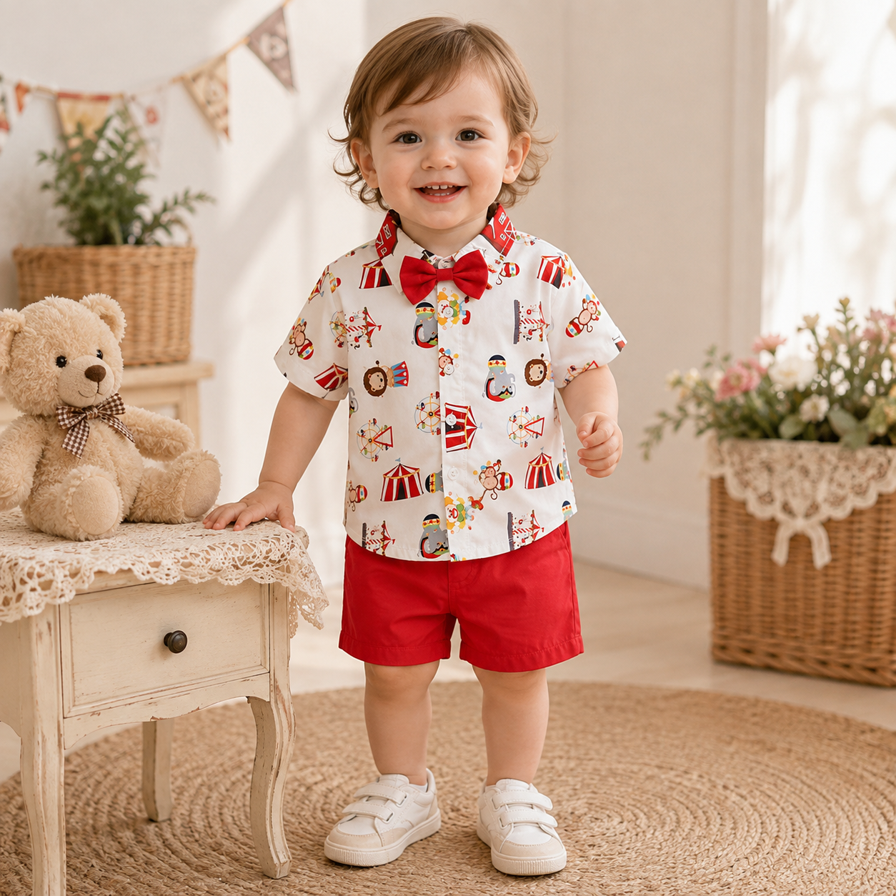 Boys Farm Circus Print 2-Piece Outfit Set with Bow Tie