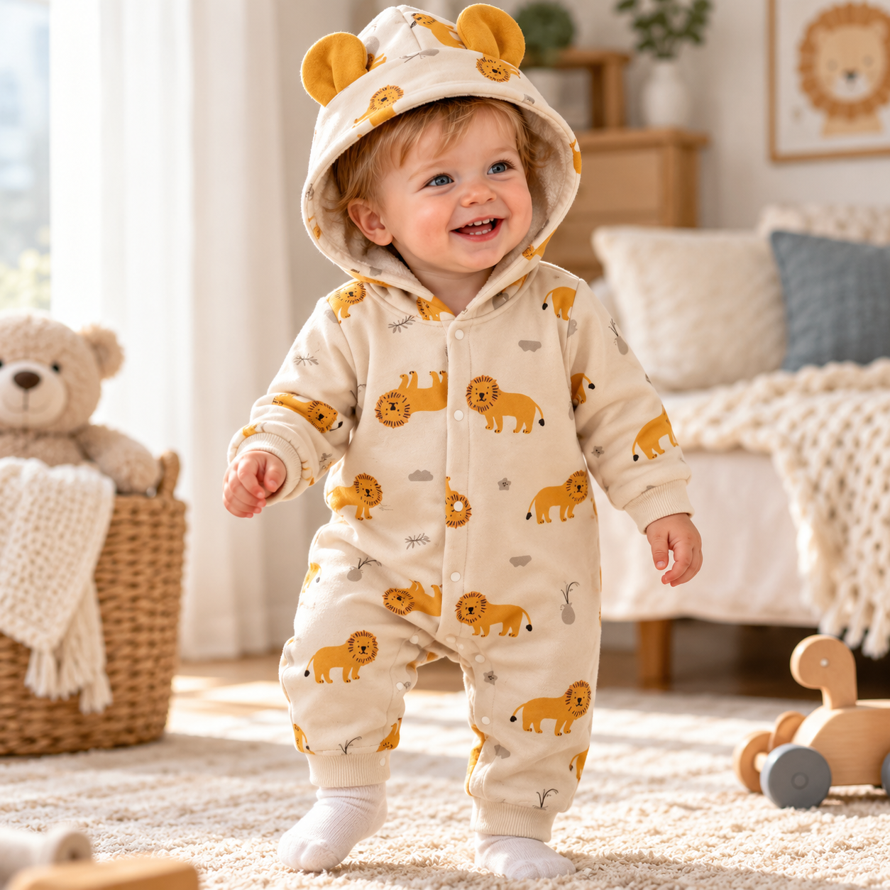 Baby Boys Animal Print Hooded Romper