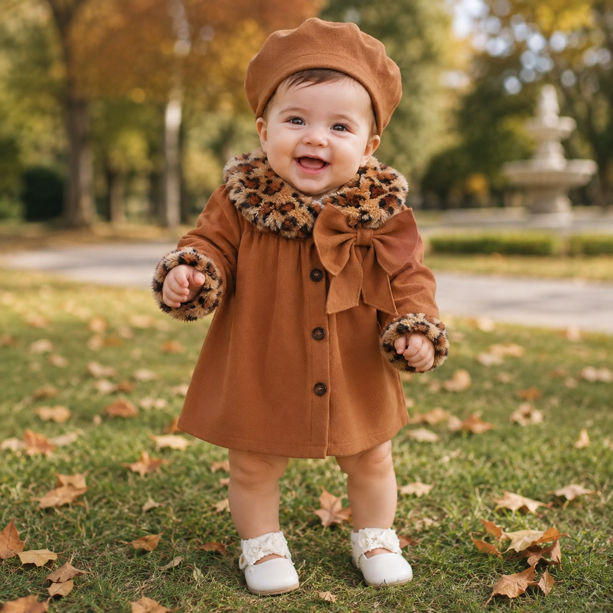 Baby Girl Leopard Print Woolen-Style Coat & Beret Set