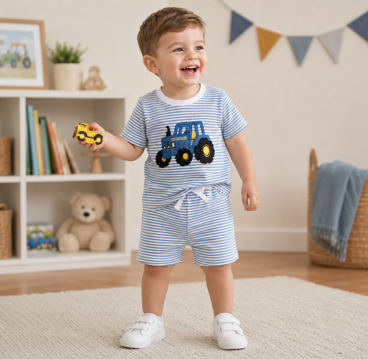 Baby Boy Vehicle Embroidery Waffle Stripe T-Shirt & Elastic Shorts 2-Piece Summer Set