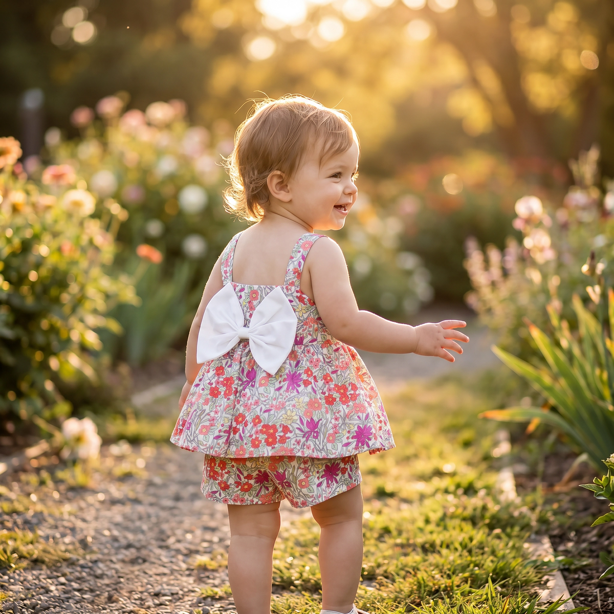 Fashion Floral Print & Bow Romper Set for Baby Girls