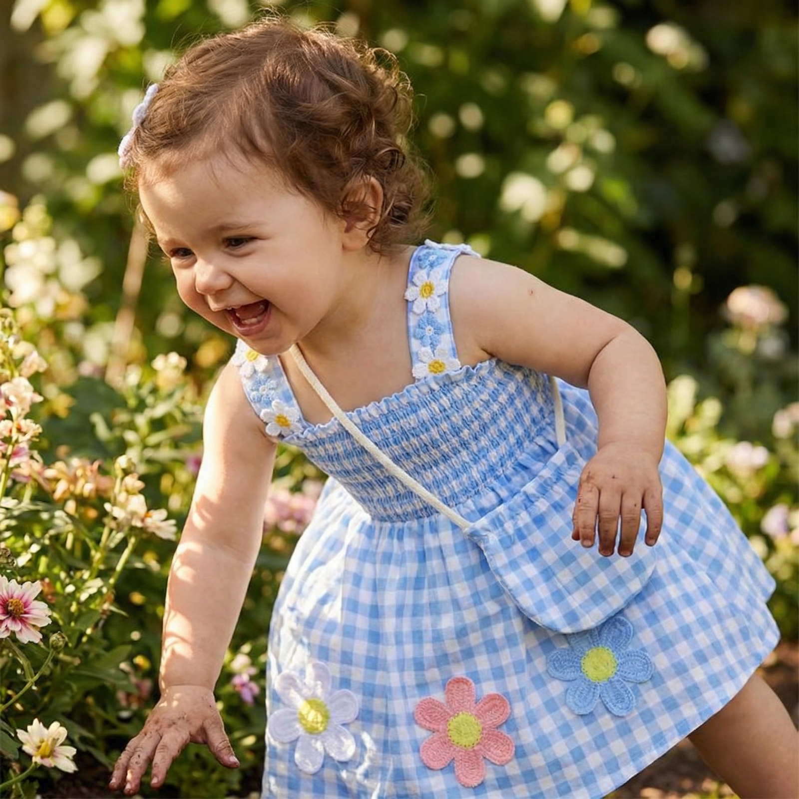 Flower Applique Plaid Dress with Matching Bag Set