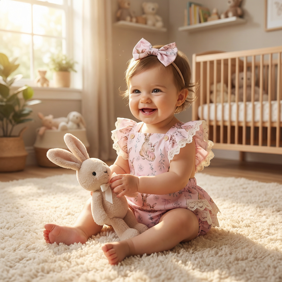 2-Piece Girls' Easter Flower Bunny Print Romper Set