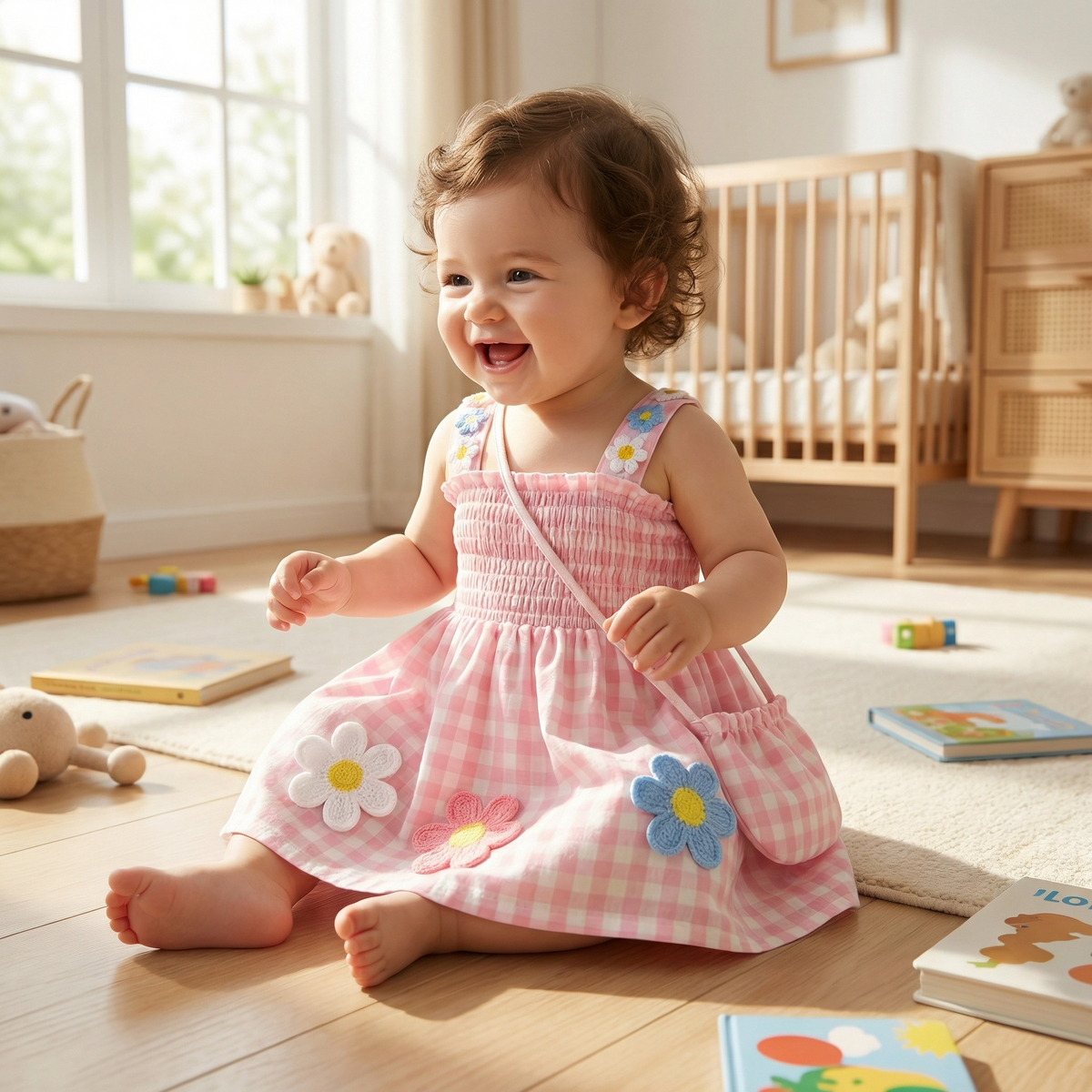 Flower Applique Plaid Dress with Matching Bag Set