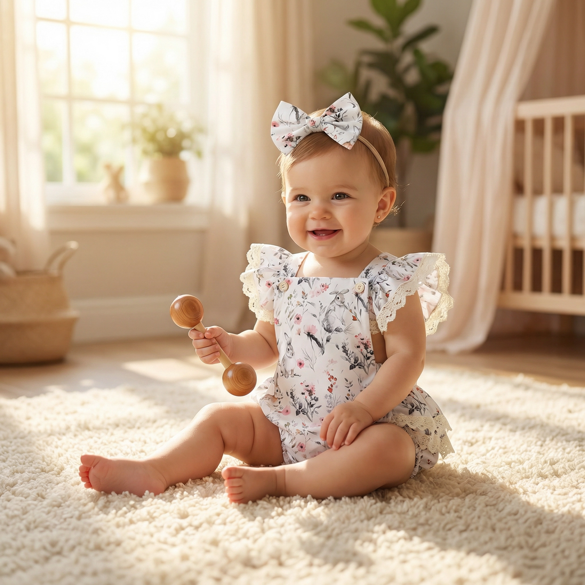 2-Piece Girls' Easter Flower Bunny Print Romper Set