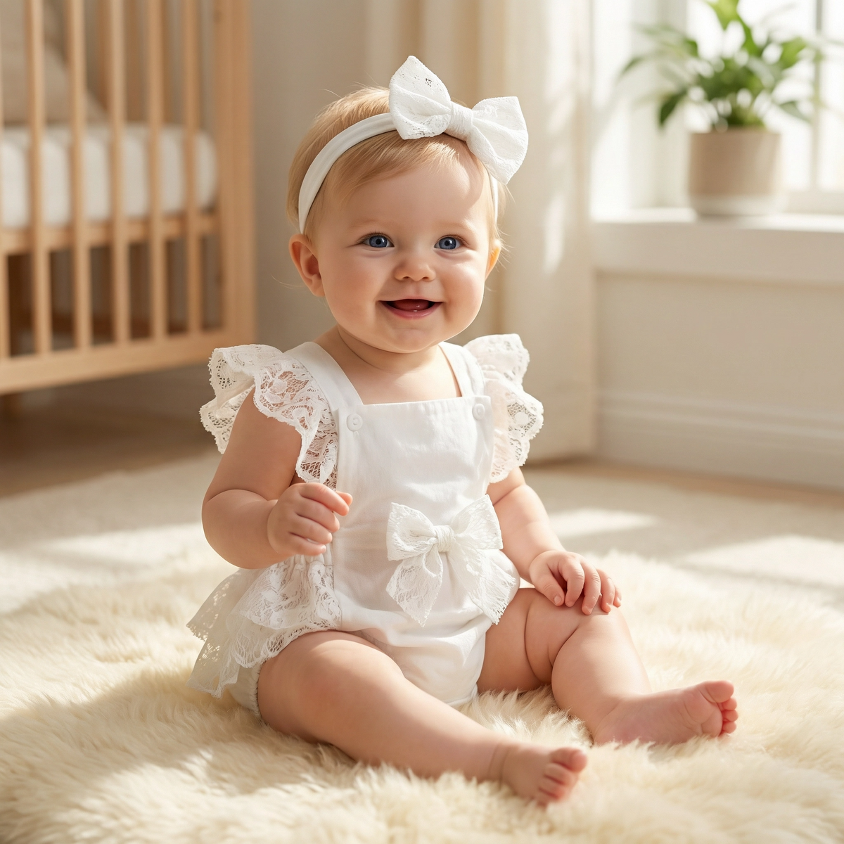 Lace Fly Sleeve Bodysuit & Bow Set for Baby Girls