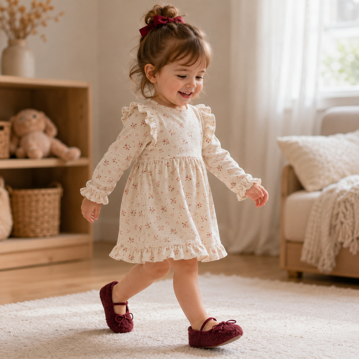 Toddler Girls Winter Mary Jane Flats - Warm Fur Bowtie Shoes