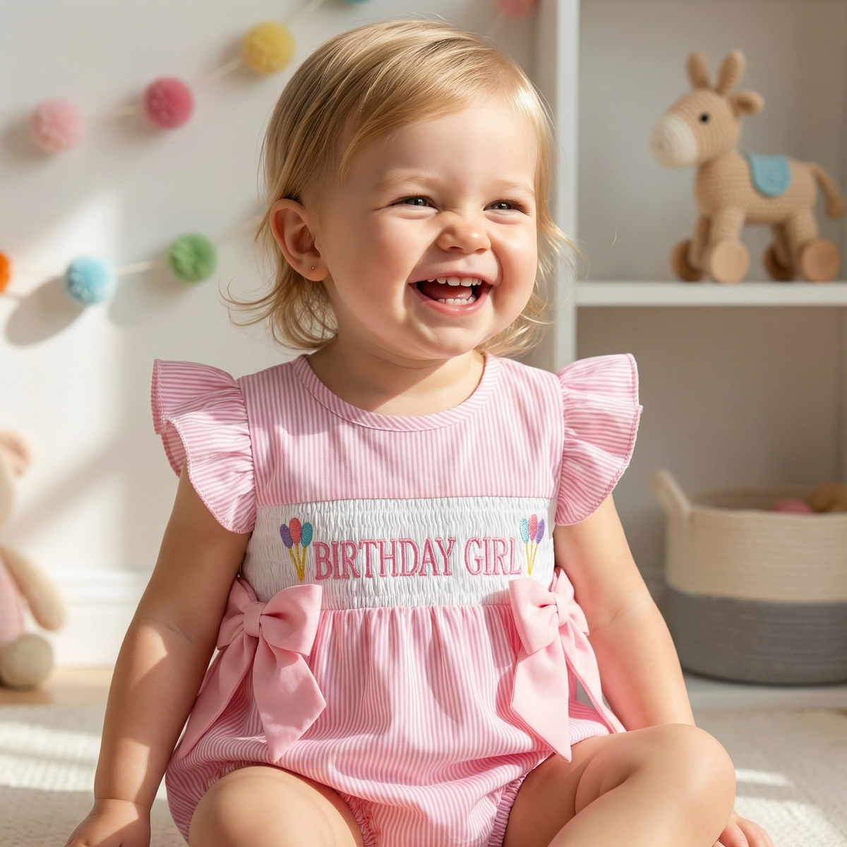 Birthday Girl Embroidered Fly Sleeve Romper