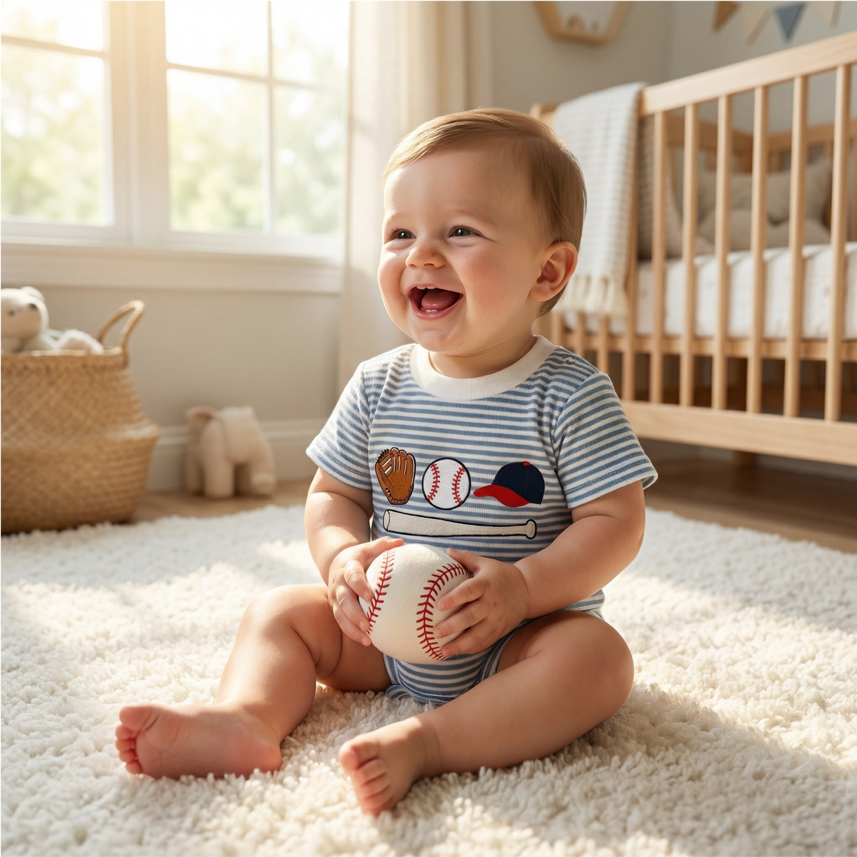 Baby Boys' Striped Baseball Embroidered Romper