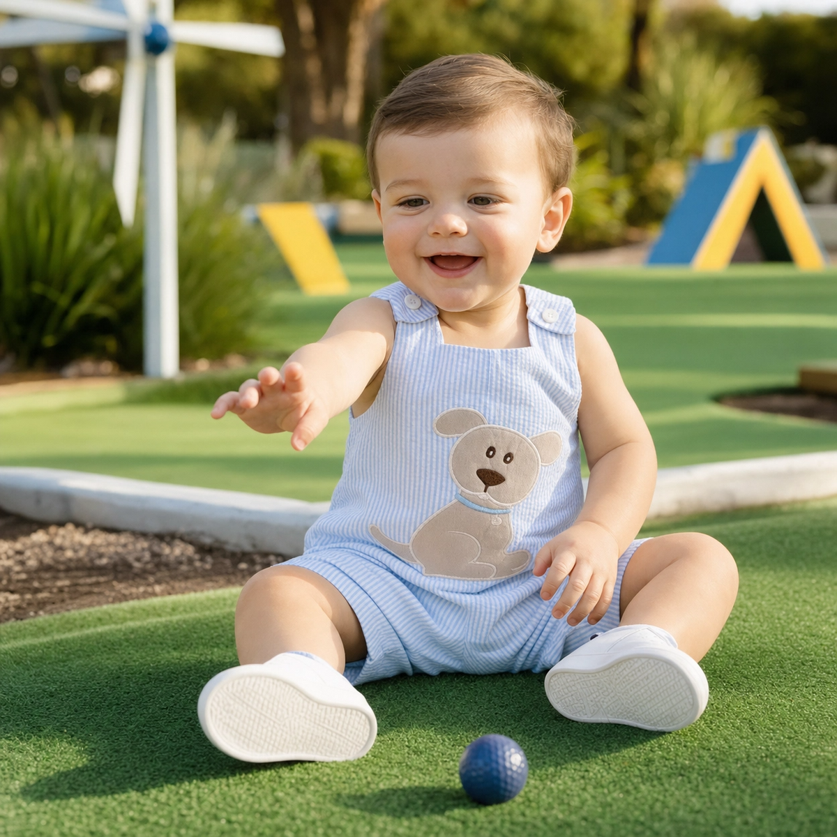 Dog Embroidered Seersucker Overalls for Toddlers