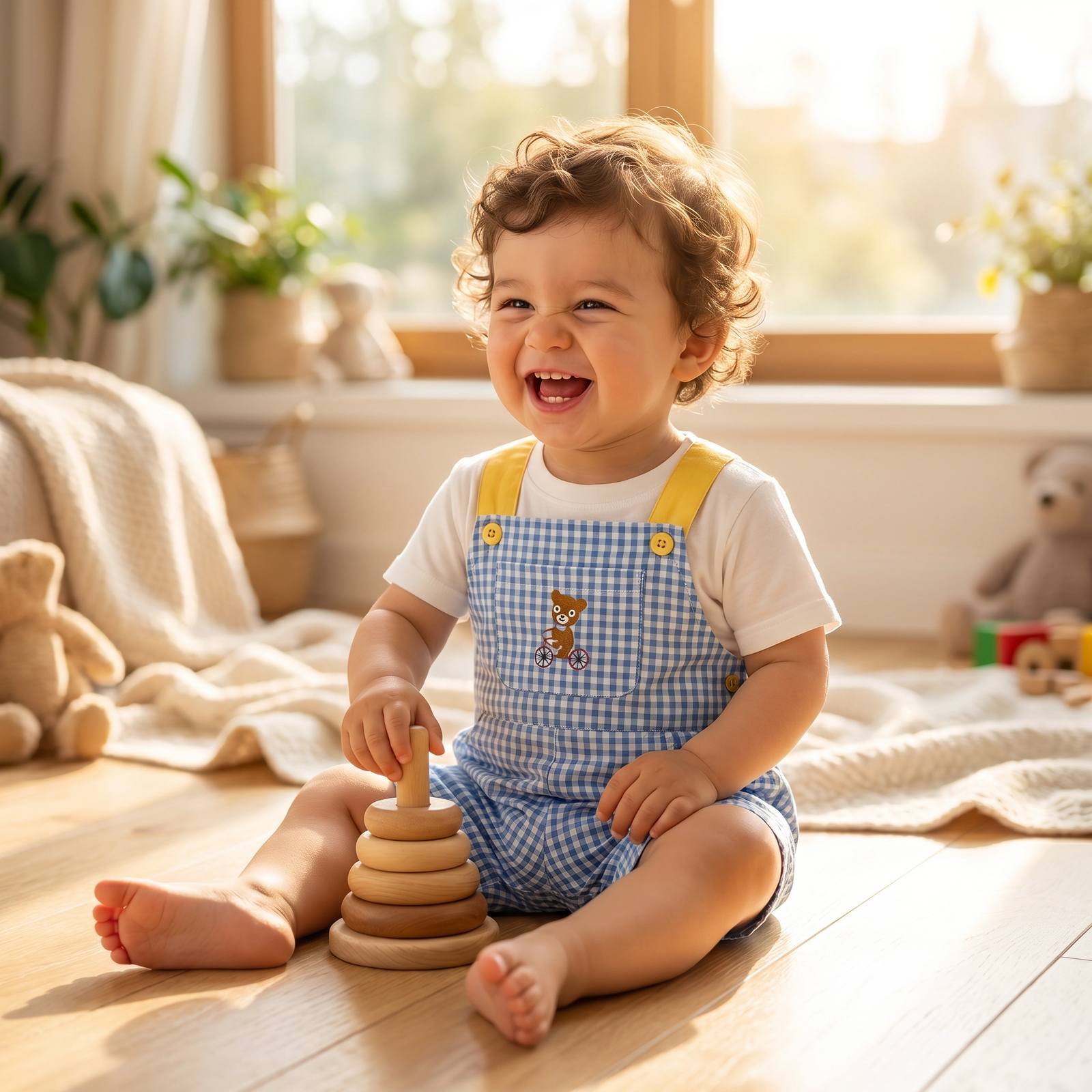 Unisex Checkered Overalls with Bear Embroidery
