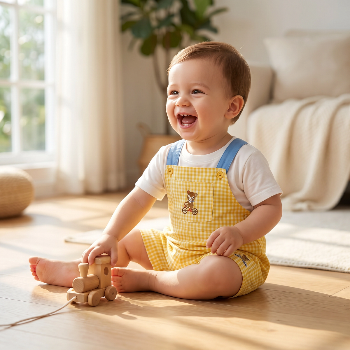 Unisex Checkered Overalls with Bear Embroidery