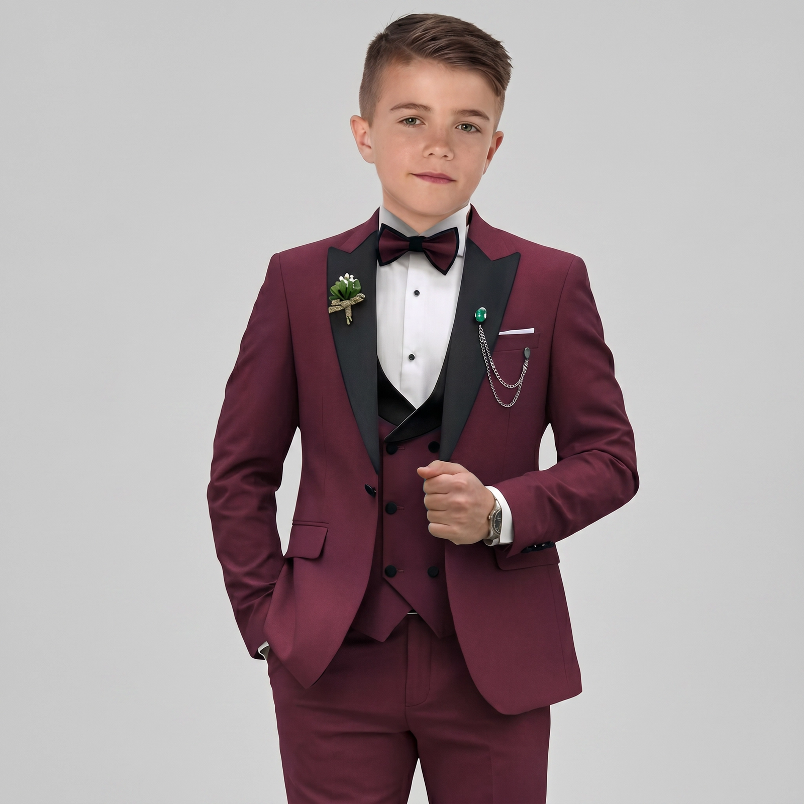 3-Piece Elegant Burgundy Tuxedo Suit Set for Boys