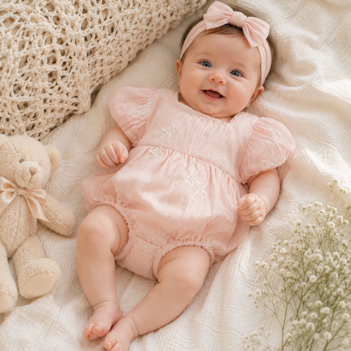 Baby Girl Embroidered Cotton Bubble Sleeve Princess Romper