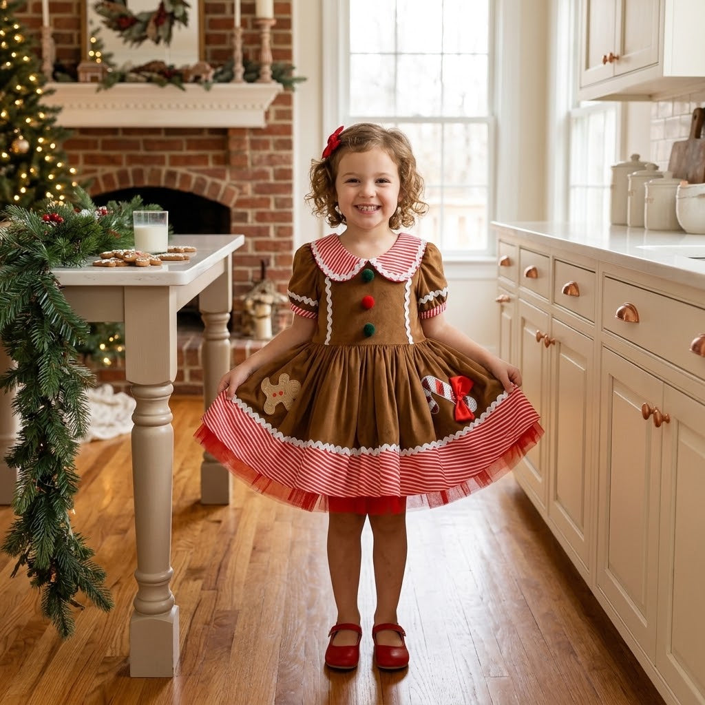 Toddler Girl's Christmas Gingerbread Man Collar Dress