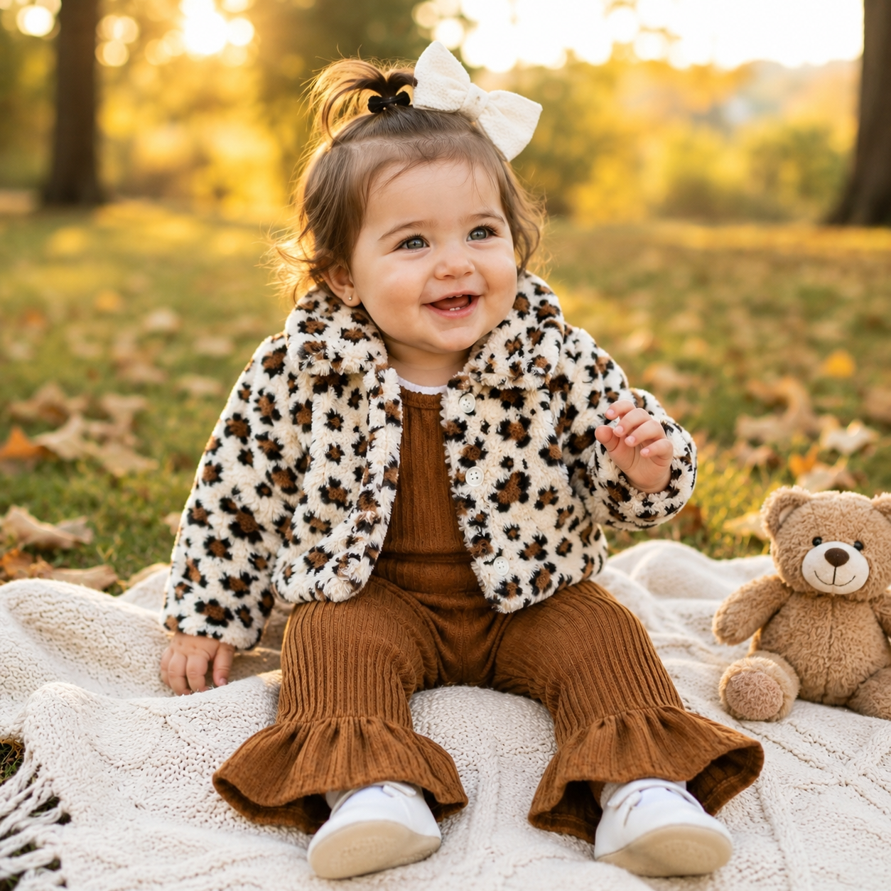 Baby Girl Leopard Faux Fur Jacket & Corduroy Flare Set