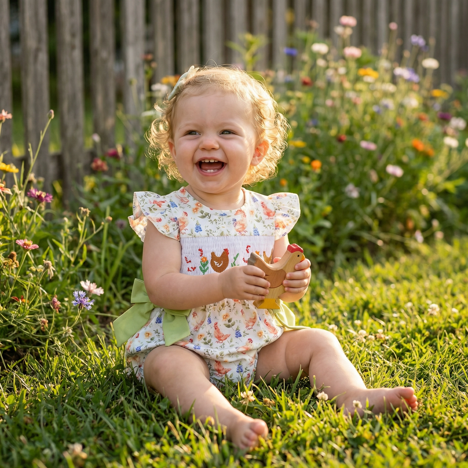 Girls' Farm Print Smocked Ruffle Jumpsuit