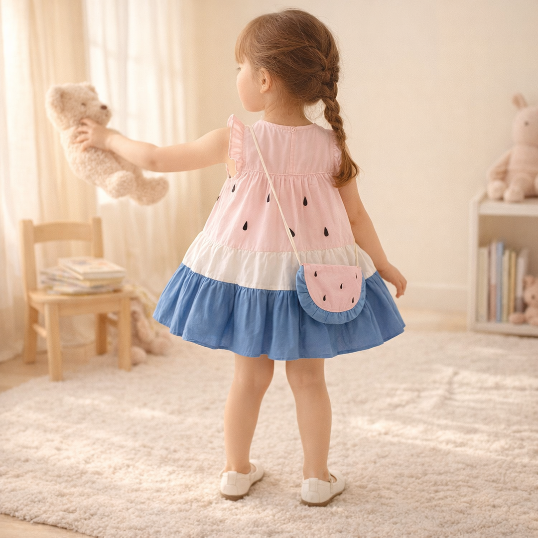Cute Watermelon Print Flutter Sleeve Dress & Bag Set