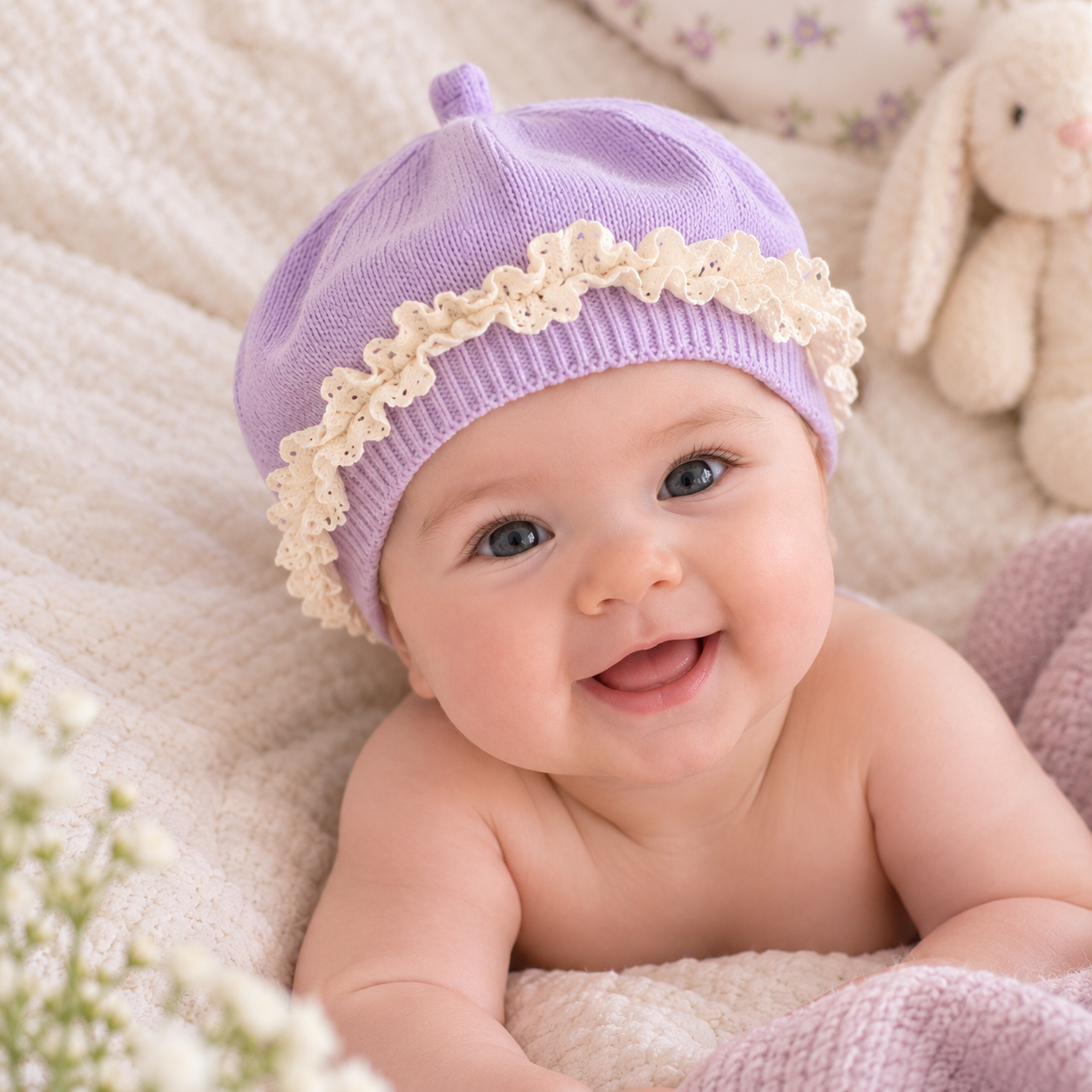 Baby Girl Lace Ruffle Knit Beret Soft Cotton Hat