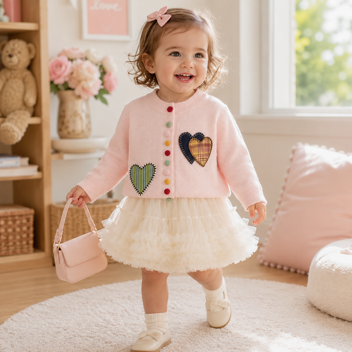 Girls Knitted Cardigan and Tutu Skirt Set - Heart Patchwork 2PCS