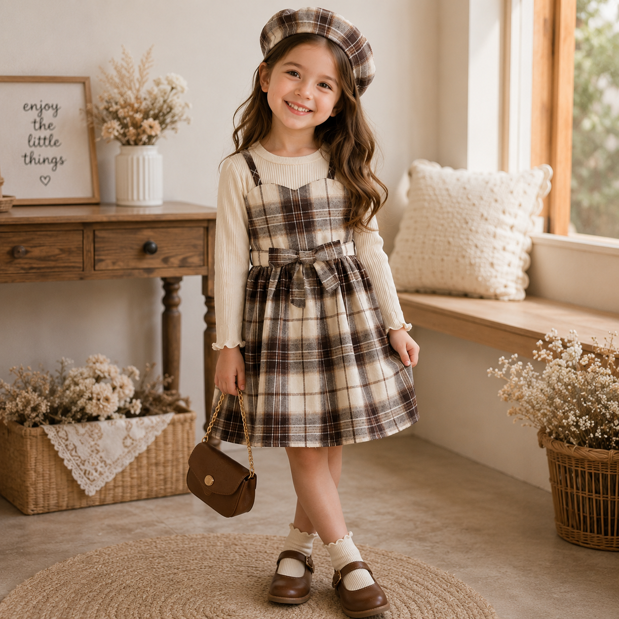Girls' Plaid Dress Outfit with Belt & Hat - Autumn Casual Style