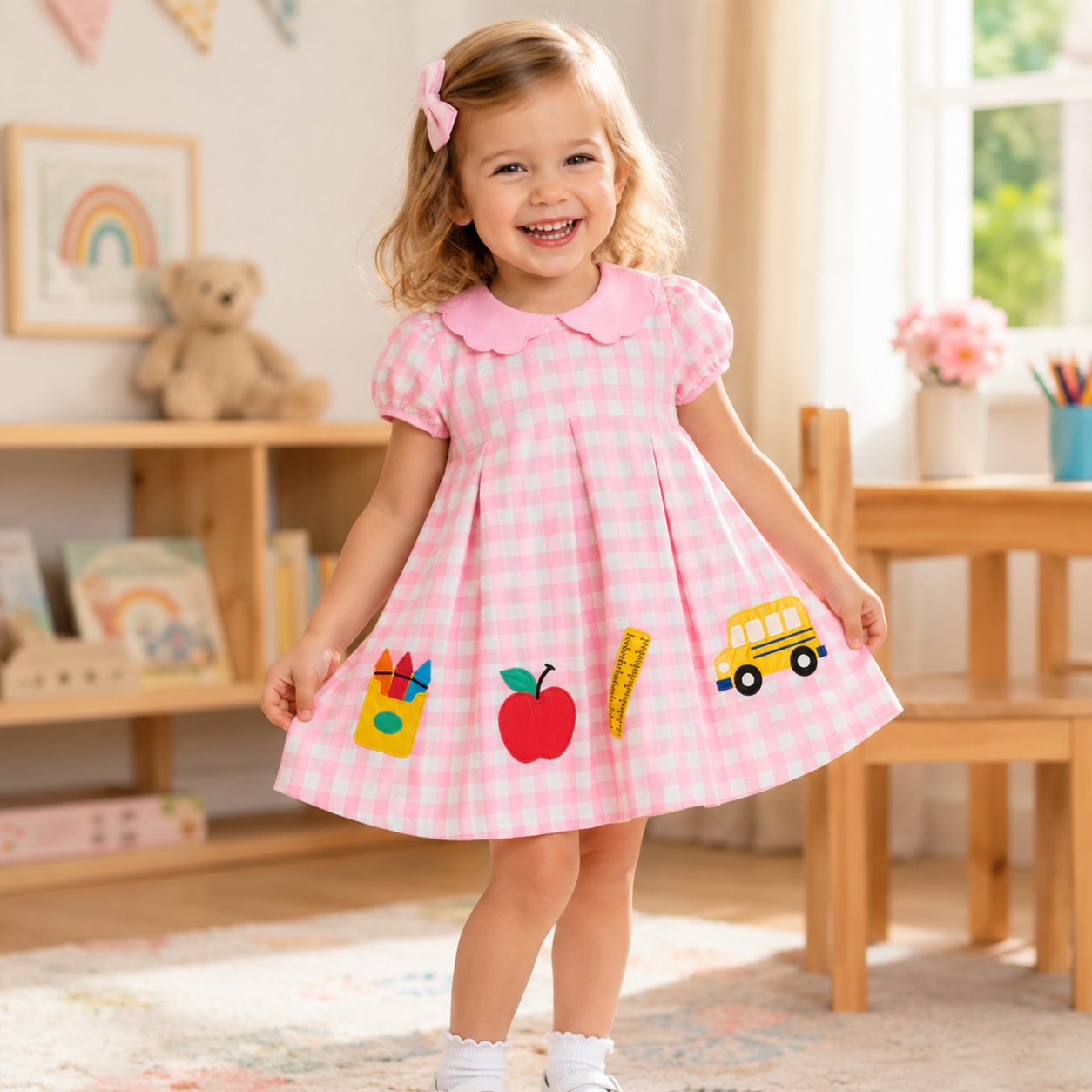 Girls Pink Plaid School Appliqué Puff Sleeve A-Line Dress